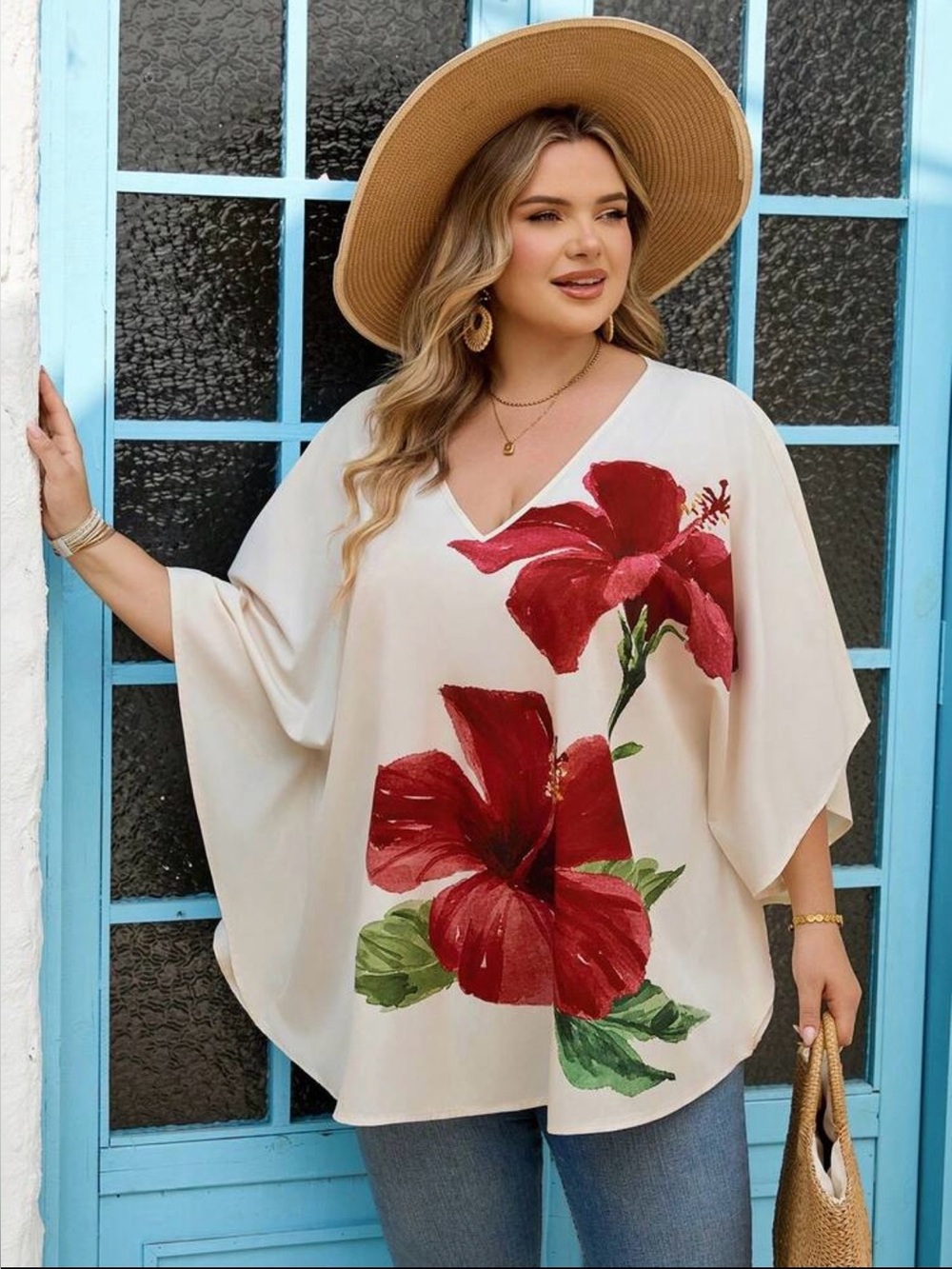 🌺 SHEIN Red and Cream Floral Top